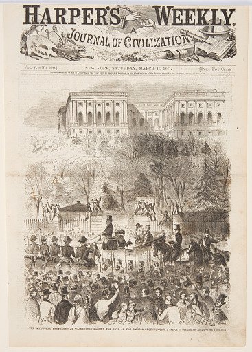 The Inaugural Procession at Washington Passing the Gate of the Capitol Grounds, from Harper's Weekly, March 16, 1861, p. 161.