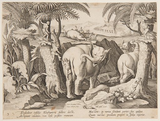 Cavemen Chasing Elephants, plate 3 from the Venationes Ferarum, Avium, Piscium series