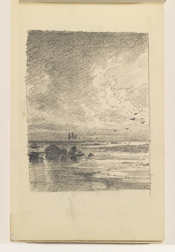 Shoreline with Rocks, Boats and Birds