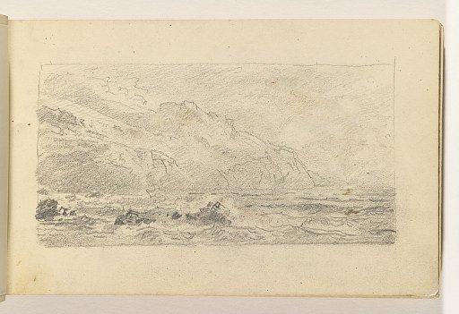 Light Sketch of Choppy Sea with Rocks and Cliffs at Left