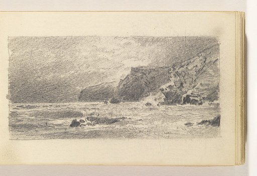Rough Ocean with Dark Sky, Rocks, and Cliffs at Right