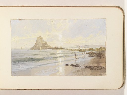 Beach View of Rocky Promontory, Boats, and Ruins