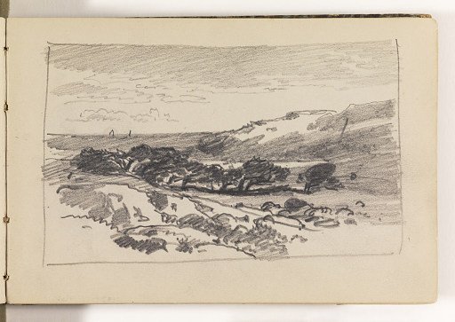 Beach with Rocks, Trees, and Distant Boats