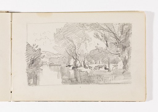 Wooded Shore with Stream and Distant Hills