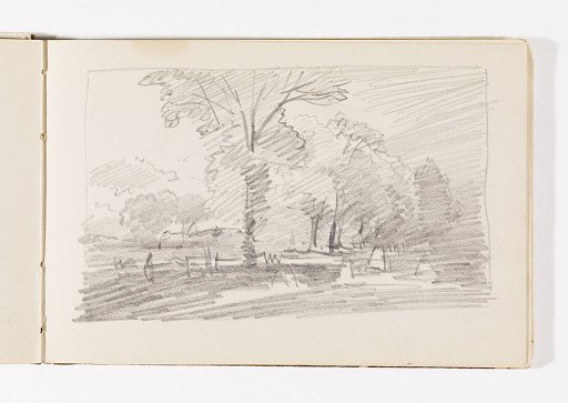 Flat Landscape with Trees and Haystacks