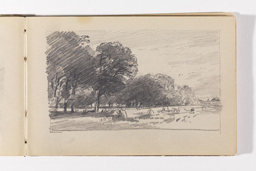 Landscape with Large, Dark Trees and Haystacks, probably Newport