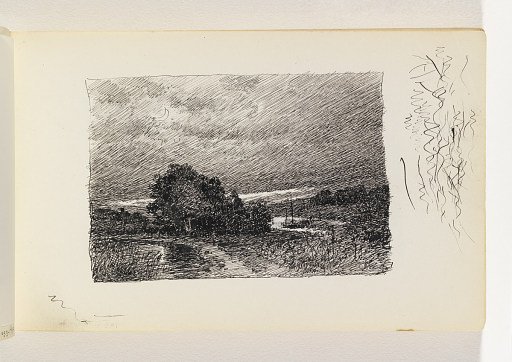 Night Landscape with Stream and Moon in Cloudy Sky