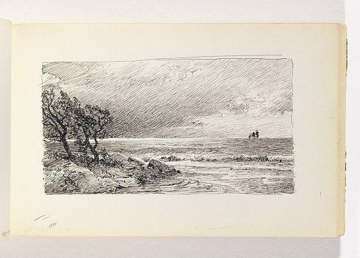 Rocky Outcropping, Trees, and Distant Boats on Ocean
