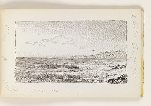 Waves on Rocks in front of Distant Hill with Windmill