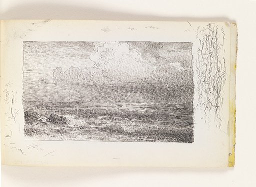 Dark Ocean with Rocks and Prominent Cumulus Clouds