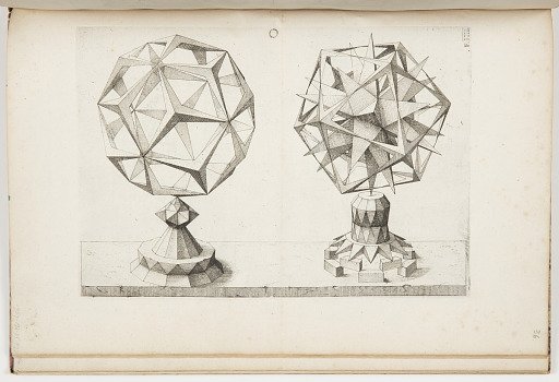 Plate O, F.IIII, Rhombentrikontaeder und Ikosaeder (Rhombic Triacontrahedron and Icosahedron), Perspectiva Corporum Regularium (Perspective of the Regular Bodies)