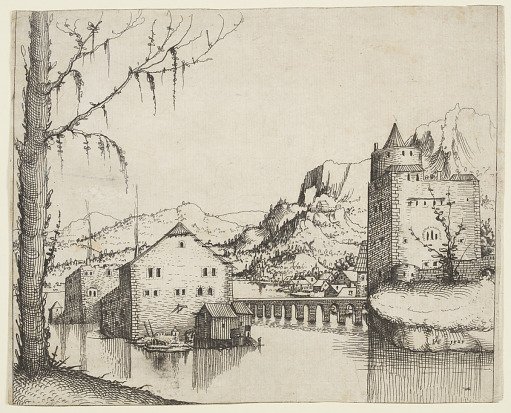 River Landscape with Two Buildings Connected by a Bridge