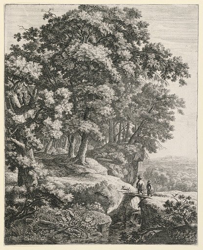Wooded Landscape, With Two Figures on a Bridge