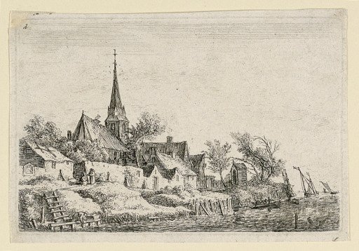 A Steepled Church and Other Buildings by a Body of Water