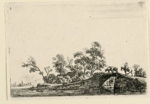 Cows and Horsemen Cross a Bridge Over a Canal