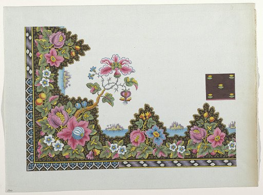 Design for a Printed Textile: Floral Border with Islands on a Lake