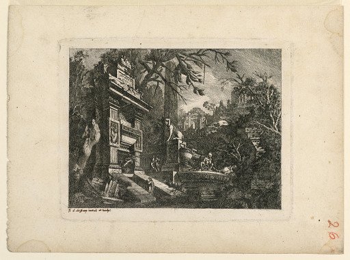 Architectural Fantasy with Tomb and Ruins, Plate from "Rovine Inventione de Giovan. Loren, Legeay Architet. Intagliate da lui stesso in Luce 1768"