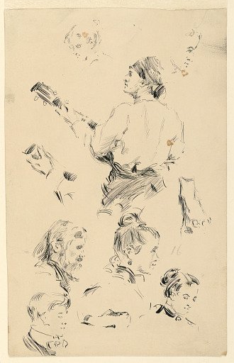 Sketches of Heads, a Hand, a Foot, and a Musician