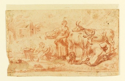 Women doing washing near a cow-herd