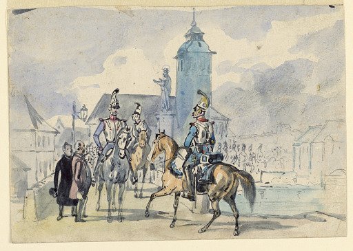 Cavalry officers at a bridge in a town