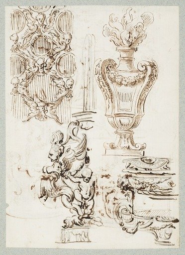 A Pierced Screen, Urn, a Fountain and Two Basins