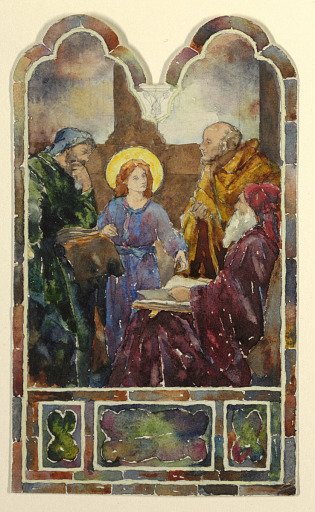 Stained glass window: Young Christ among the doctors
