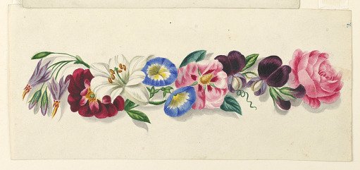Arrangement of morning glories, moss roses, lilies, and other flowers