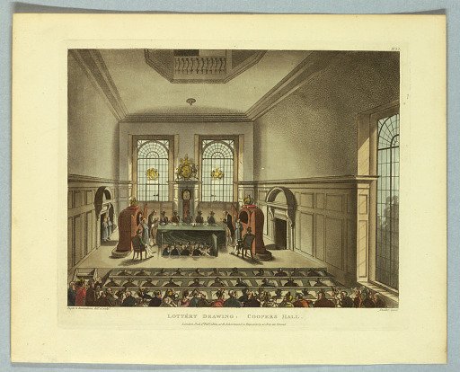 Lottery Drawing: Coopers Hall, from "Ackermann's Repository"