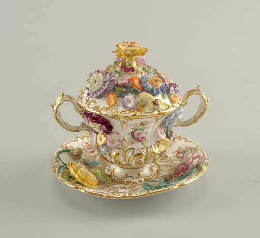 Covered Two-Handled Cup and Saucer