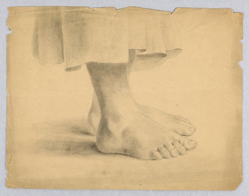 Bare feet below a skirt