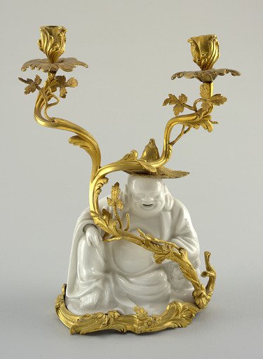 Pair of Porcelain Hotei Mounted as Two-Light Candelabra