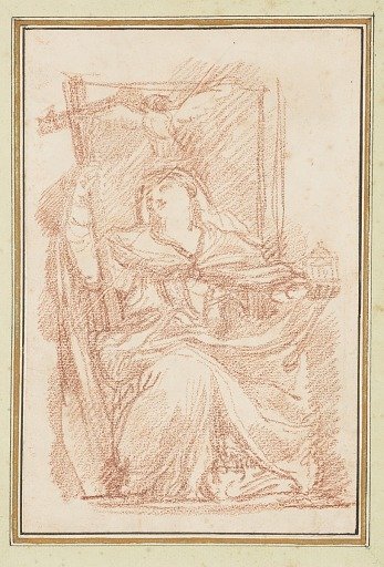 Seated female figure with cross and building model