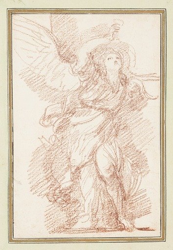 Winged figure holding glass in upraised hand