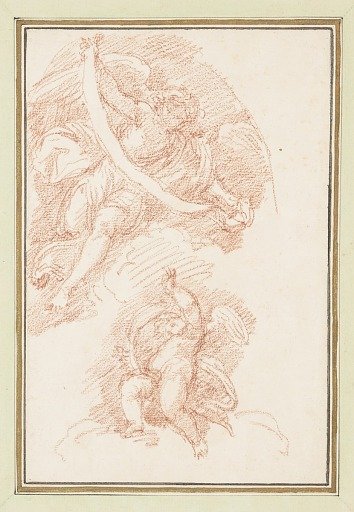 Winged figure holding strap with putto