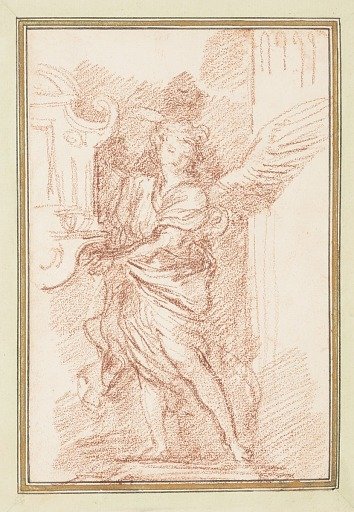 Winged figure between window and column