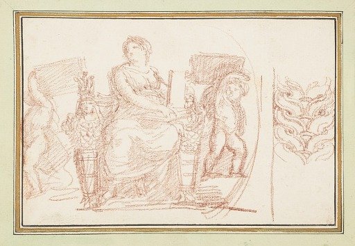 Seated female figure with books and putti