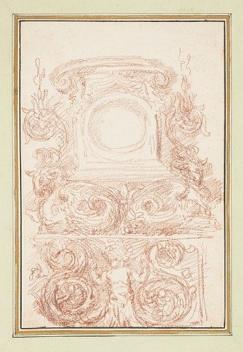 Frame with Blank Oval, and Elaborate Foliage Scroll Decoration, in Dessins d'Ango Ornements et Architecture (Drawings of Ornaments and Architecture by Ango)