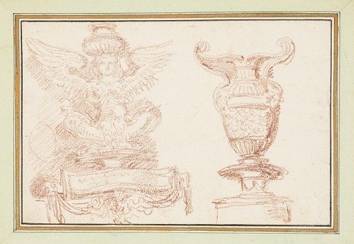 Ornamental detail with winged figure and vase