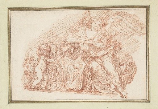 Winged figure and putto supporting escutcheon