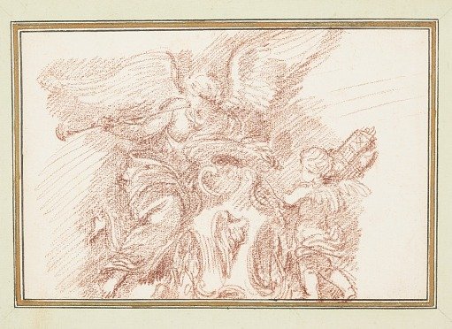 Winged figure with a horn and putto with fasces
