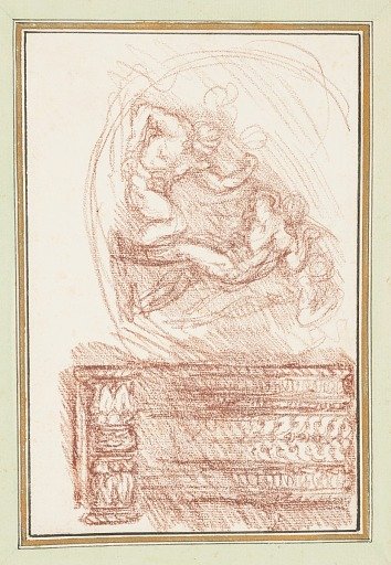 Two male figures and a decorative motif