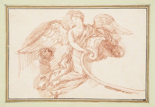 Winged female figure with decorative scroll