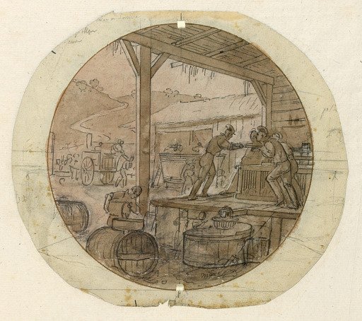 Design for a Painted Porcelain Plate, Loading or Unloading Goods