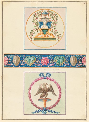 Ornament Design, Roman Votive, Panel with Dionysian Pattern of Grapes and Pinecones, and Eagle atop a Roman Standard.