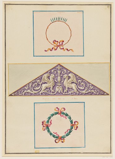 Ornament Design, Triangular Panel with Winged Lions and Two Roman Crowns