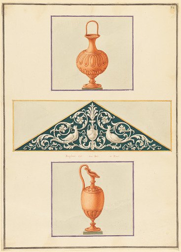 Ornament Design, Urns and Triangular Panel with Doves