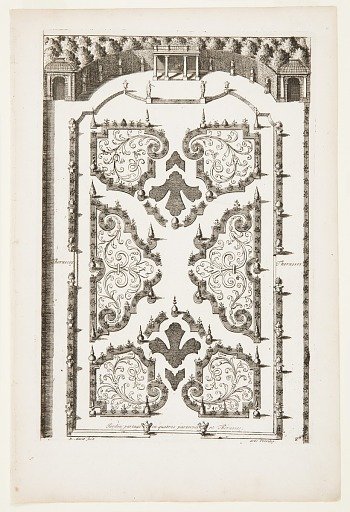 Jardin partage en quatres parterres et Thérasses (Garden Beds and Four Terraces), in Nouveaux Livre de Parterres contenant 24 pensséz diferantes (New Book Containing 24 Different Variations for Garden Beds)