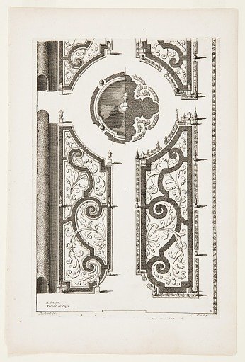 Design for Garden Parterres with Scroll Motifs and Boxwood Arbor, in "Nouveaux Livre de Parterres," in Oeuvres Du Sr. D. Marot..., The Hague: Chez Pierre Husson, c.1702