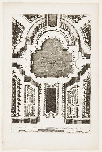 Pieces D'eaux à compagniee d'orangeriée et despalliers, magnifique (Fountain in Garden Design), in Nouveaux Livre de Parterres contenant 24 pensséz diferantes (New Book Containing 24 Different Variations for Garden Beds)