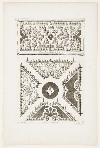 Platte Bende decoup de Floeurs (Flat Band of Flowers, Five Different Variations), in Nouveaux Livre de Parterres contenant 24 pensséz diferantes (New Book Containing 24 Different Variations for Garden Beds)